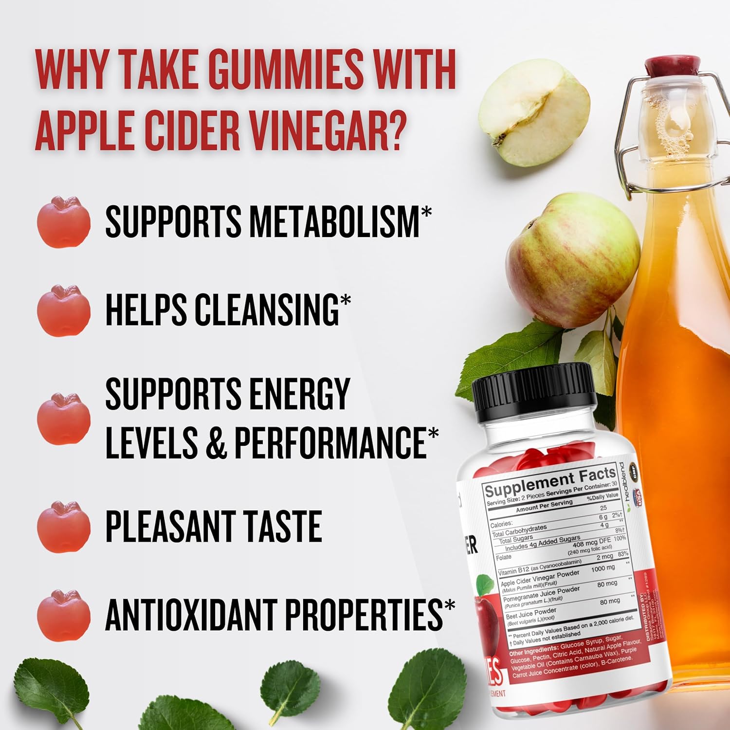 Apple Cider Vinegar Gummy Vitamins 1000MG Per Serving with Vitamin B12, Pomegranate & Beet Juice - 60 Count, Gelatin-Free, Gluten-Free, Vegan & Non-GMO