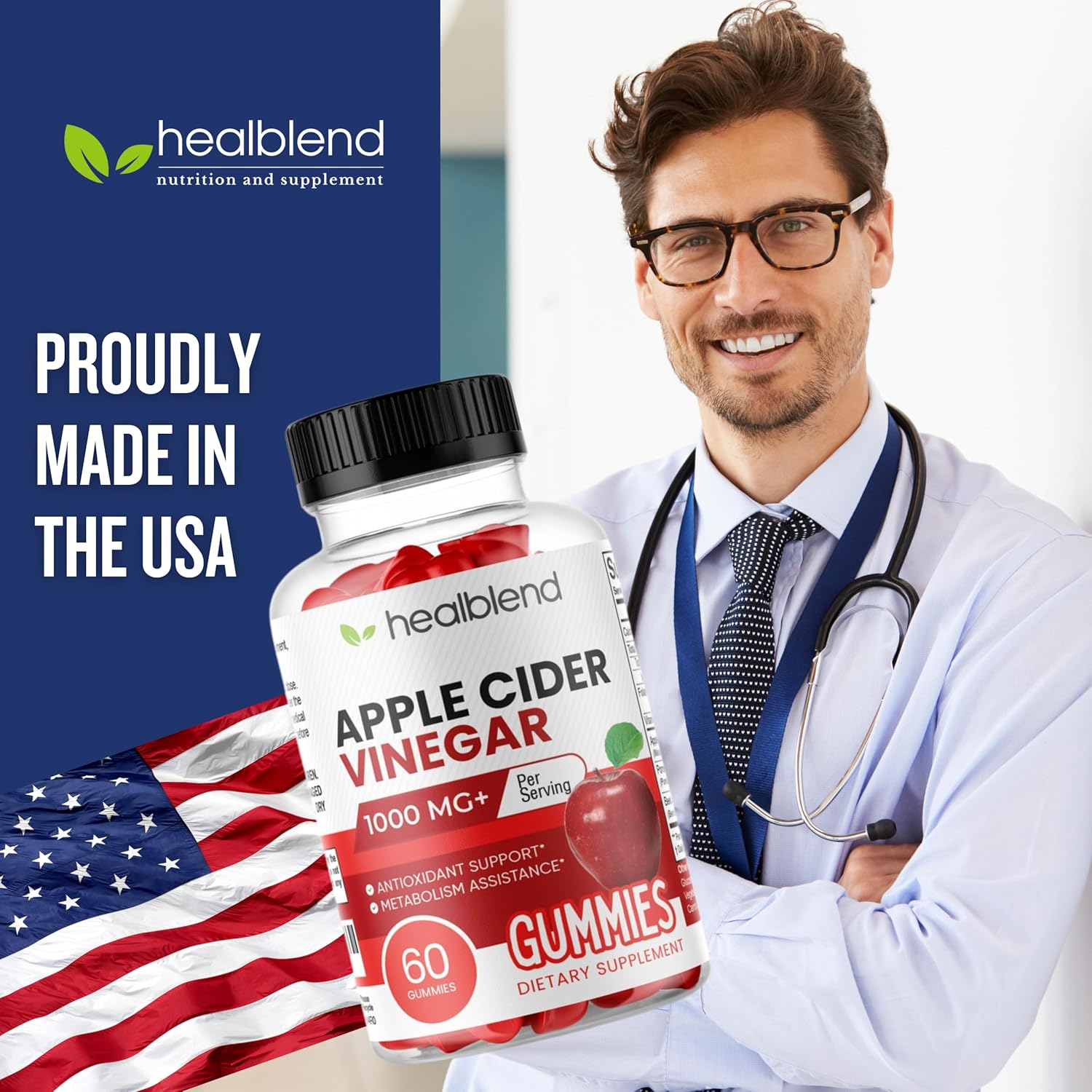 Apple Cider Vinegar Gummy Vitamins 1000MG Per Serving with Vitamin B12, Pomegranate & Beet Juice - 60 Count, Gelatin-Free, Gluten-Free, Vegan & Non-GMO