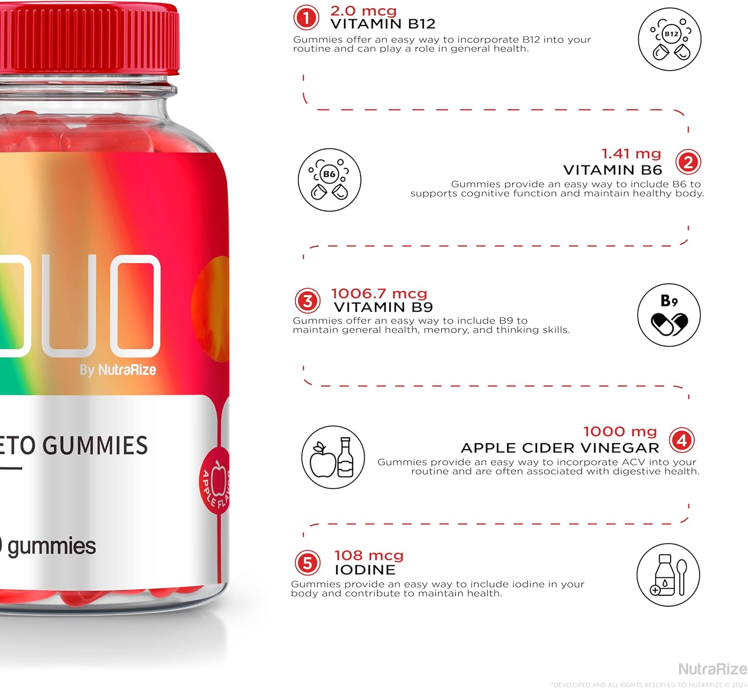 Apple Cider Vinegar + Keto Gummies for  Slimming Formula  - NutraRize Duo Keto ACV Gummies 2000mg - Natural ACV Formula - 60 Count