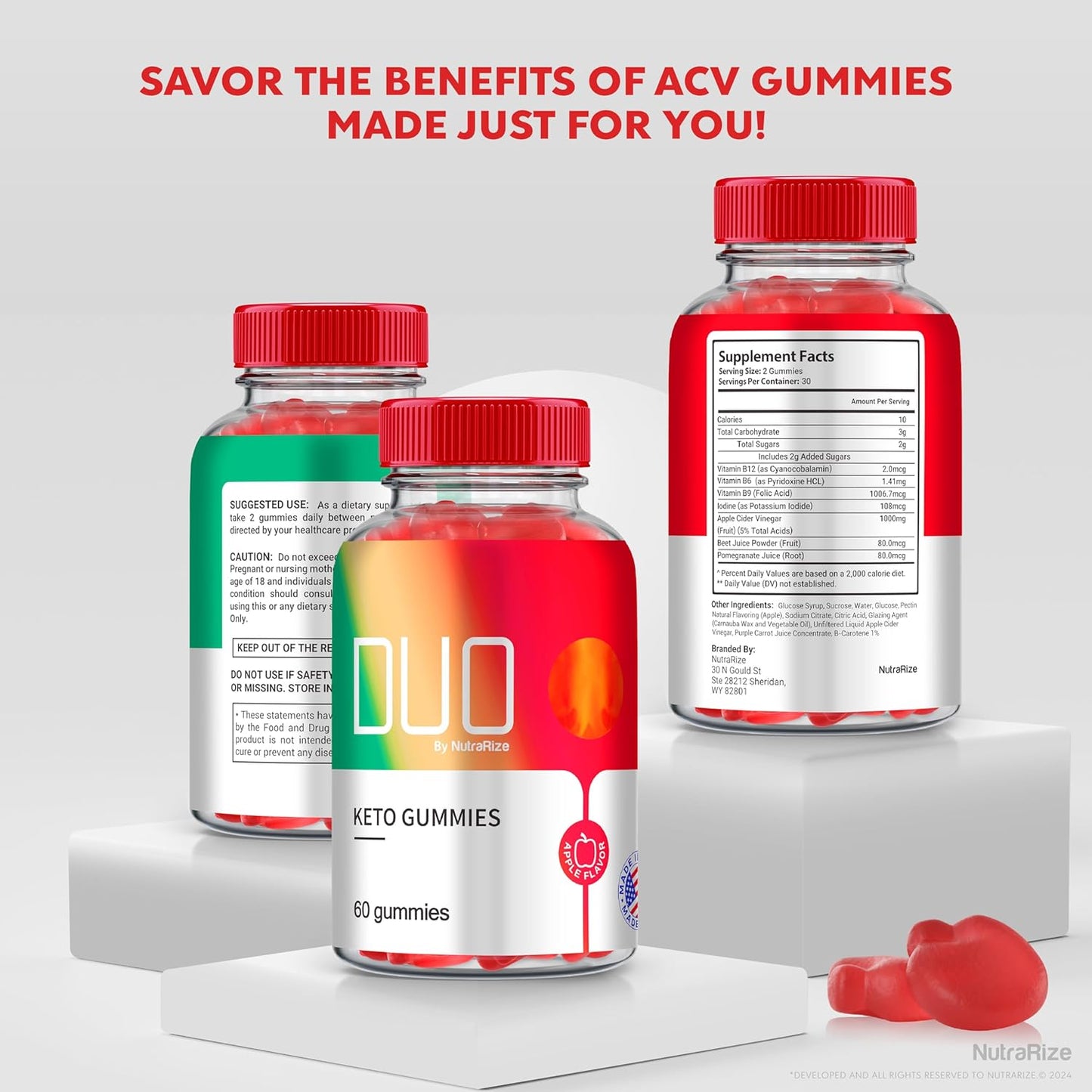 Apple Cider Vinegar + Keto Gummies for  Slimming Formula  - NutraRize Duo Keto ACV Gummies 2000mg - Natural ACV Formula - 60 Count