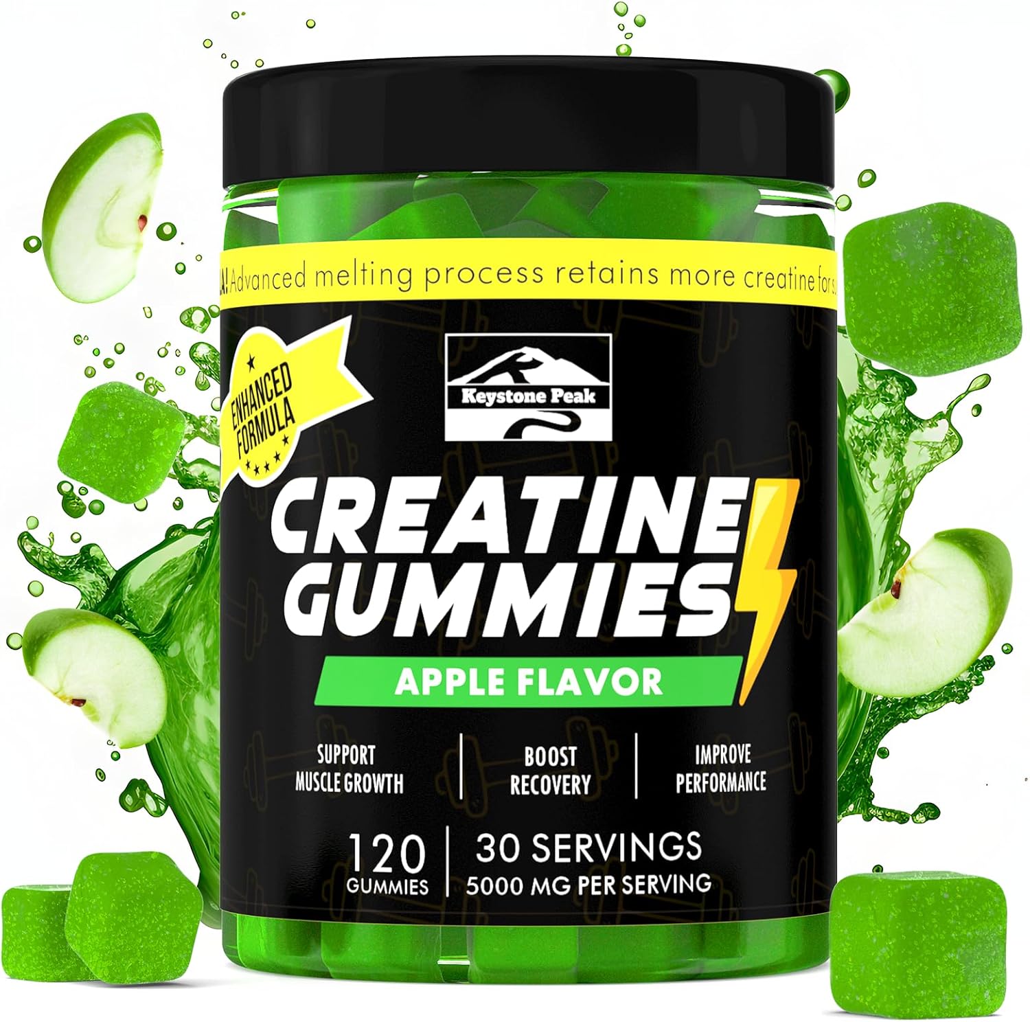 Apple Flavored Creatine Monohydrate Gummies for Strength & Energy - 120 Count, Vegan & Sugar Free, 5g per Serving