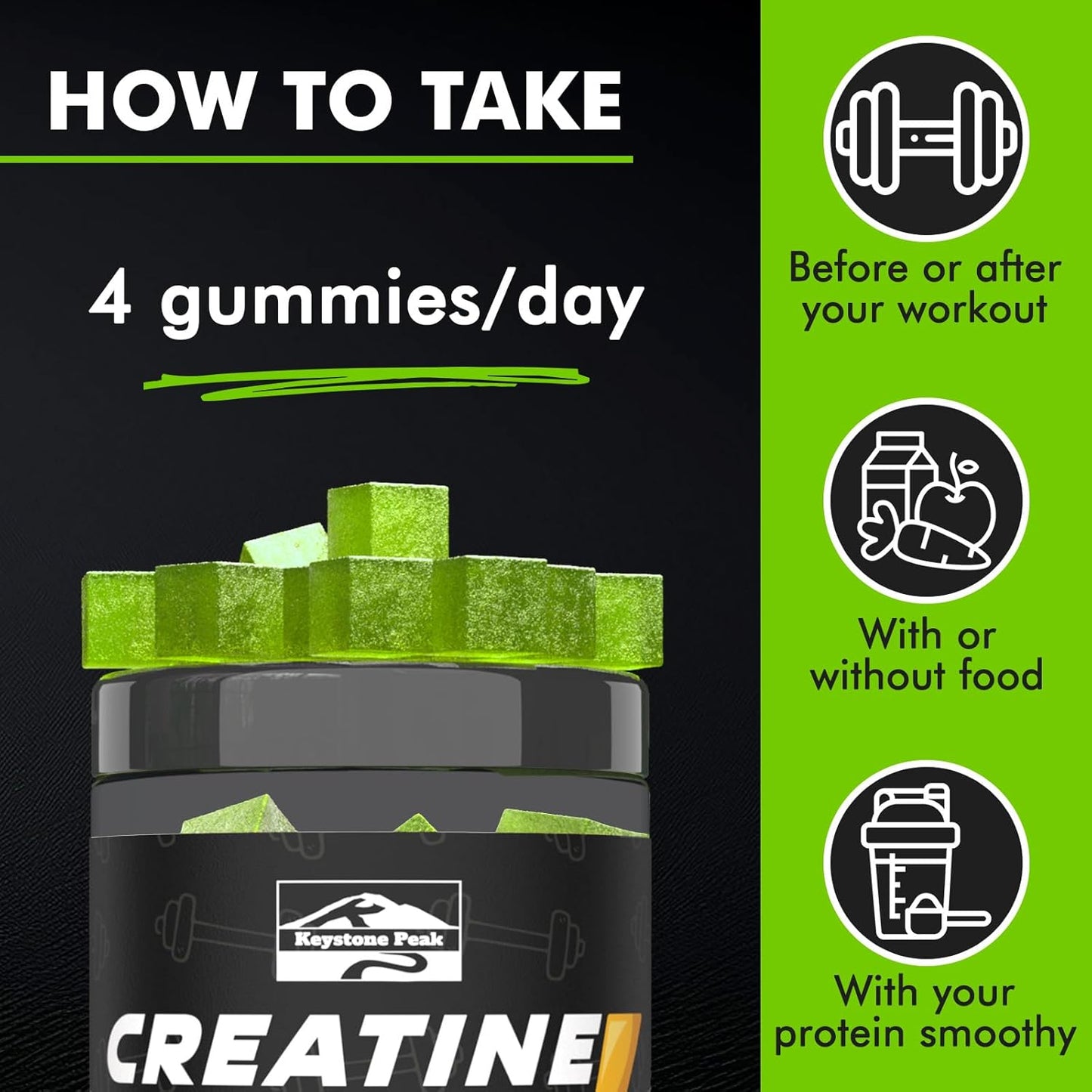 Apple Flavored Creatine Monohydrate Gummies for Strength & Energy - 120 Count, Vegan & Sugar Free, 5g per Serving