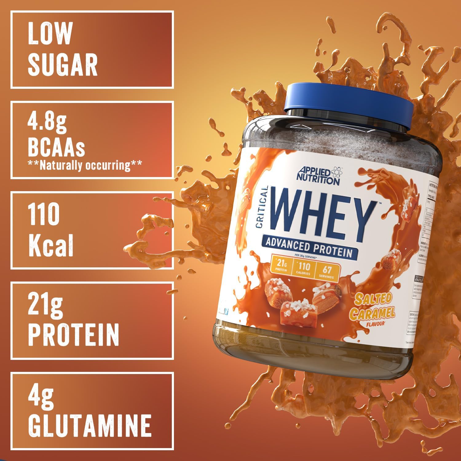 Applied Nutrition Critical Whey Protein Powder, Salted Caramel Flavor, 2000g Size - Premium Whey Protein Supplement for Muscle Building and Recovery