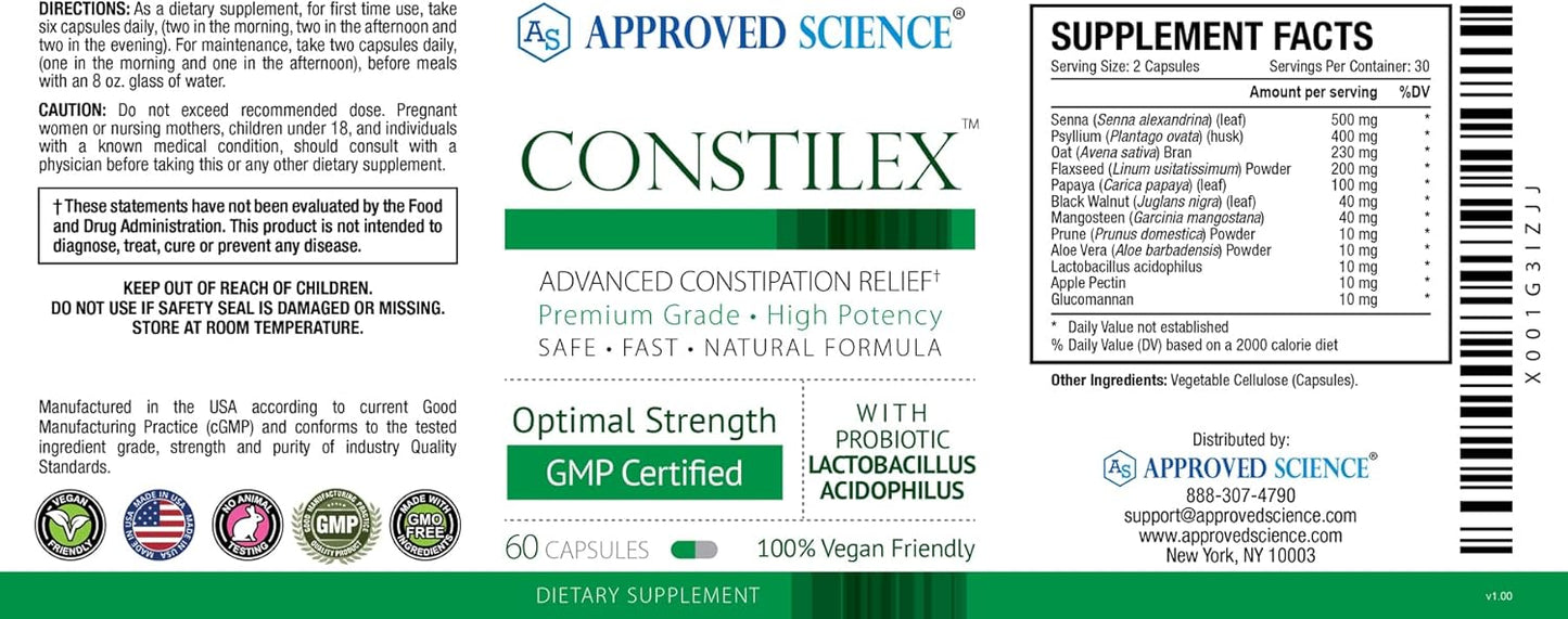 Approved Science Constilex - Fast Constipation Relief, Supports Gut Health, 6 Bottles