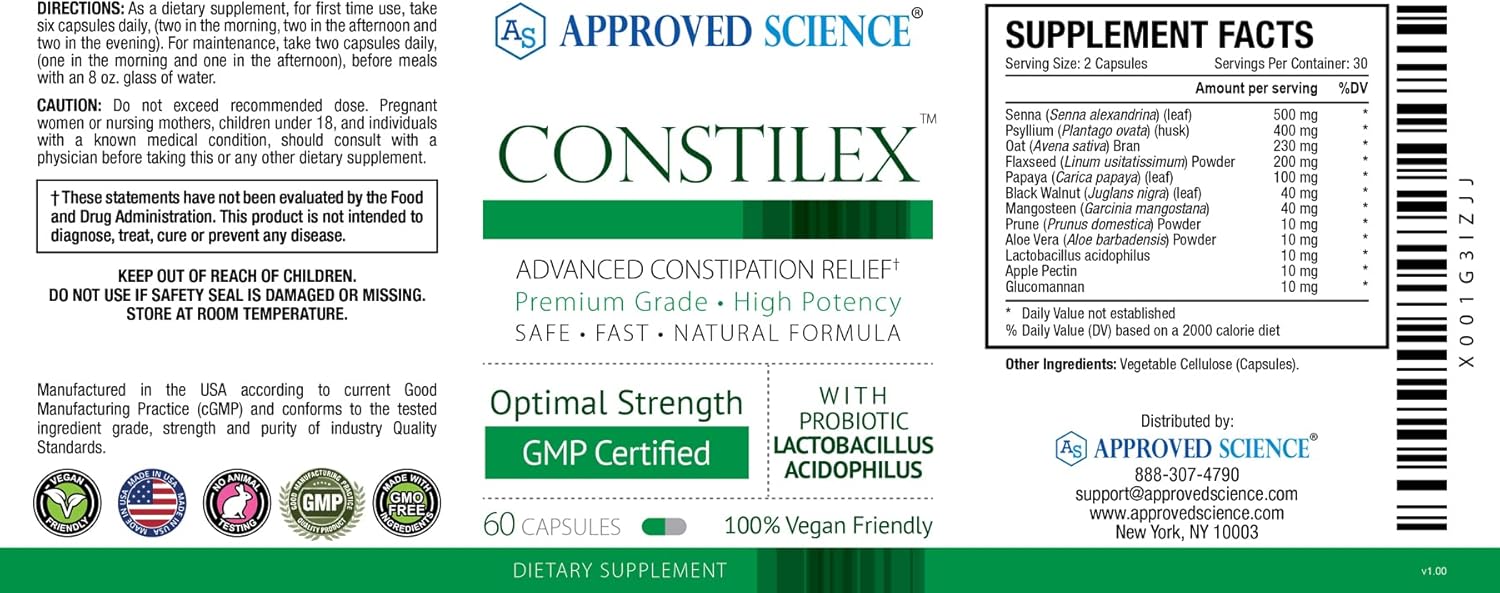 Approved Science Constilex - Fast Constipation Relief, Supports Gut Health, 6 Bottles