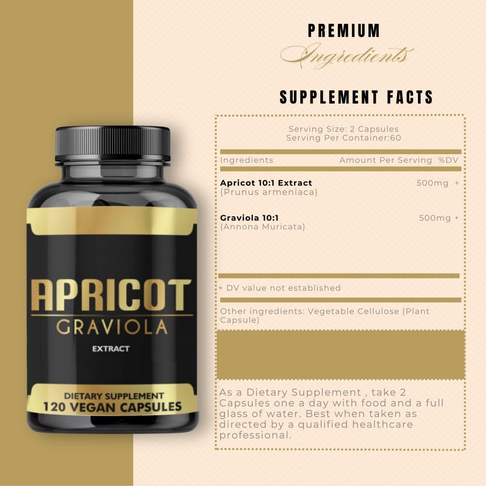 Apricot Soursop Graviola Capsules 10:1 Extract 1000mg (120 Count) - High Quality Dietary Supplement