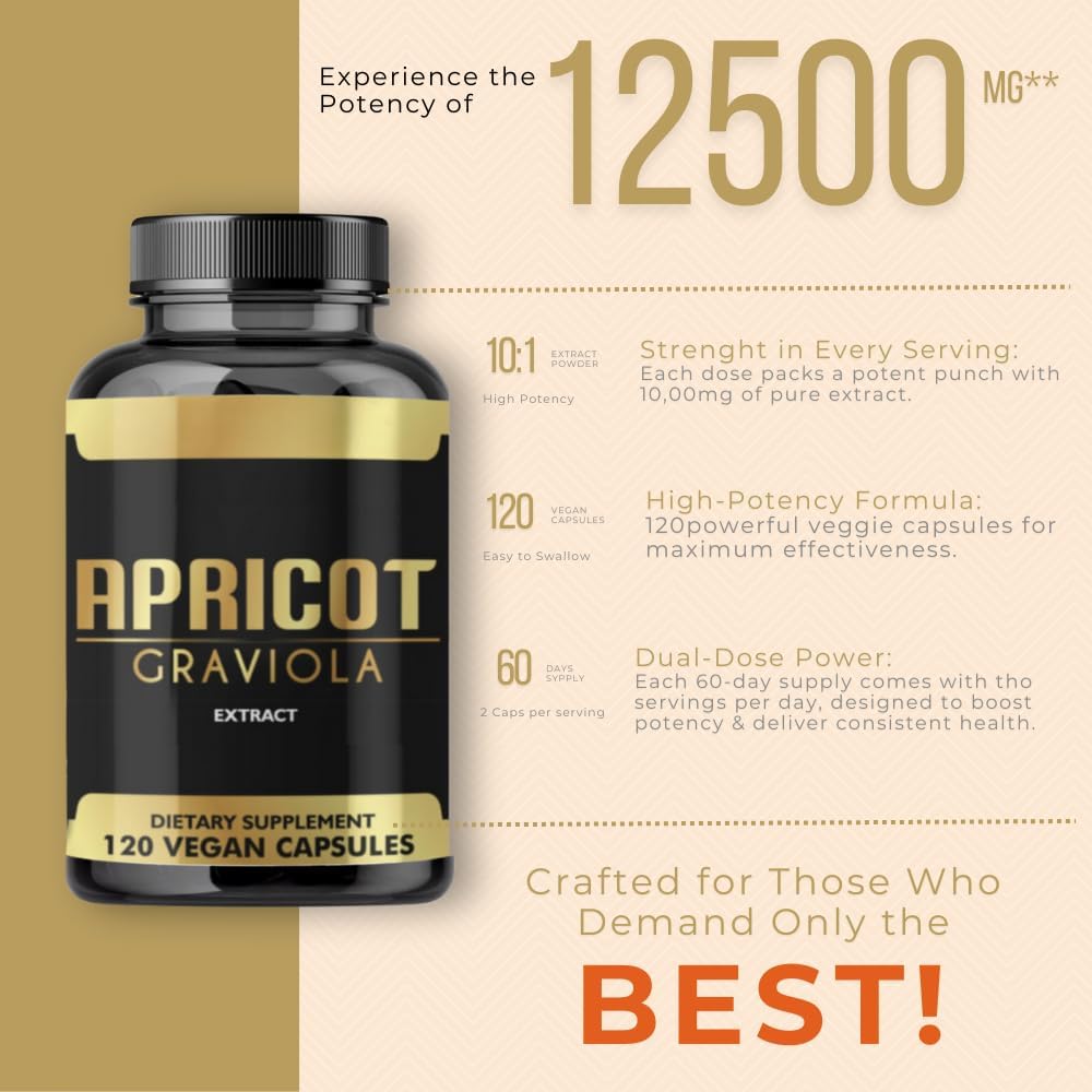 Apricot Soursop Graviola Capsules 10:1 Extract 1000mg (120 Count) - High Quality Dietary Supplement
