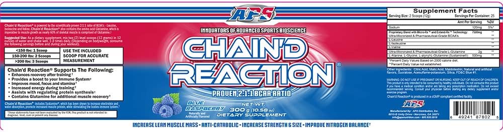 APS Nutrition Chain'd Reaction BCAA Amino Acid Recovery Aid, Blue Raspberry Flavor - 300g for Muscle Growth