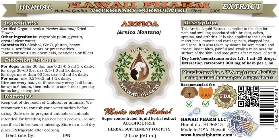 Arnica Liquid Extract for Pets - Hawaii Pharm Veterinary Natural Alcohol-Free Herbal Supplement 2 oz