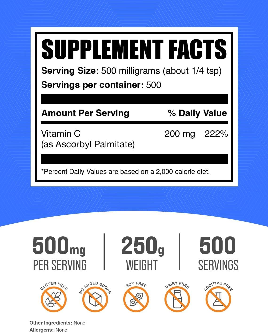Ascorbyl Palmitate Powder 500mg - Vitamin C Ester Supplement, Gluten Free - 250g (8.8 oz) - BulkSupplements.com