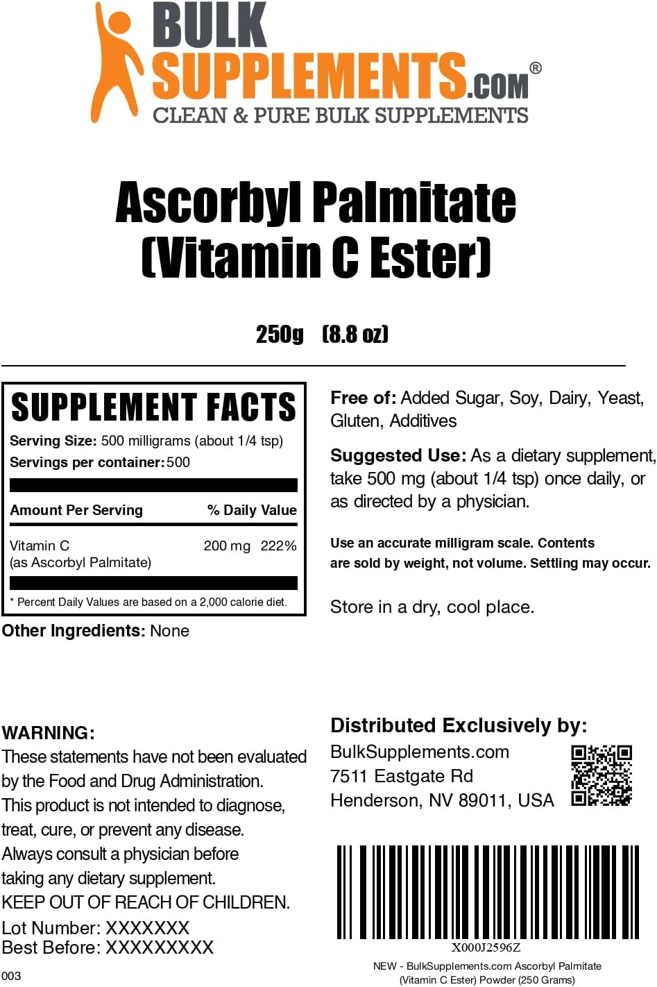 Ascorbyl Palmitate Powder 500mg - Vitamin C Ester Supplement, Gluten Free - 250g (8.8 oz) - BulkSupplements.com