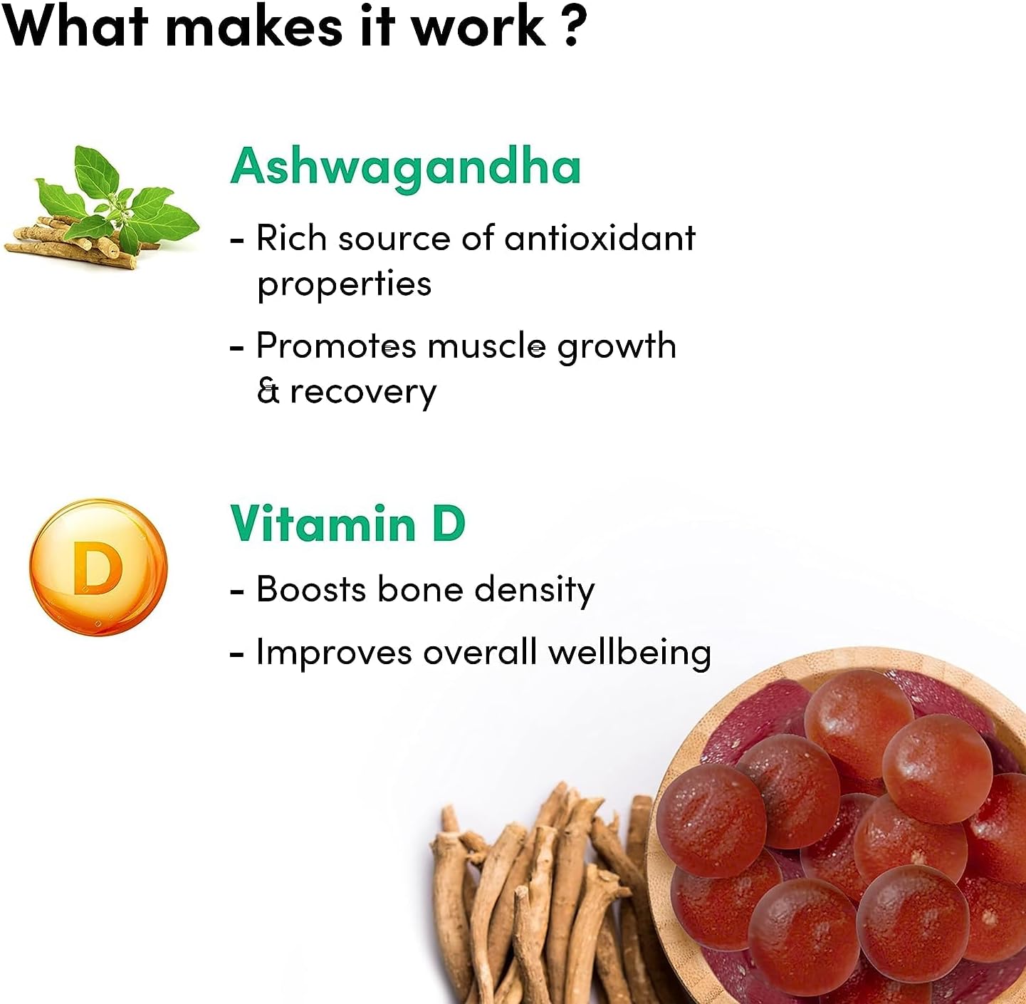 Ashwagandha and Vitamin D Gummies for Strength, Energy, and Immunity - Vegan and Gluten-Free - 60 Count