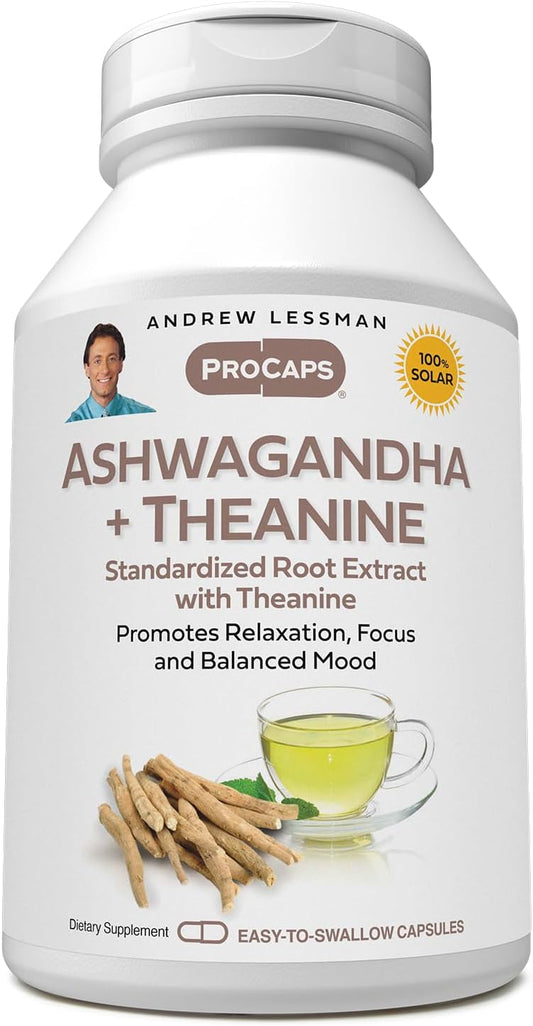 Ashwagandha + Theanine Capsules - 180 Count, Promotes Relaxation, Focus, Balanced Mood. Small, Easy-to-Swallow Dietary Supplement