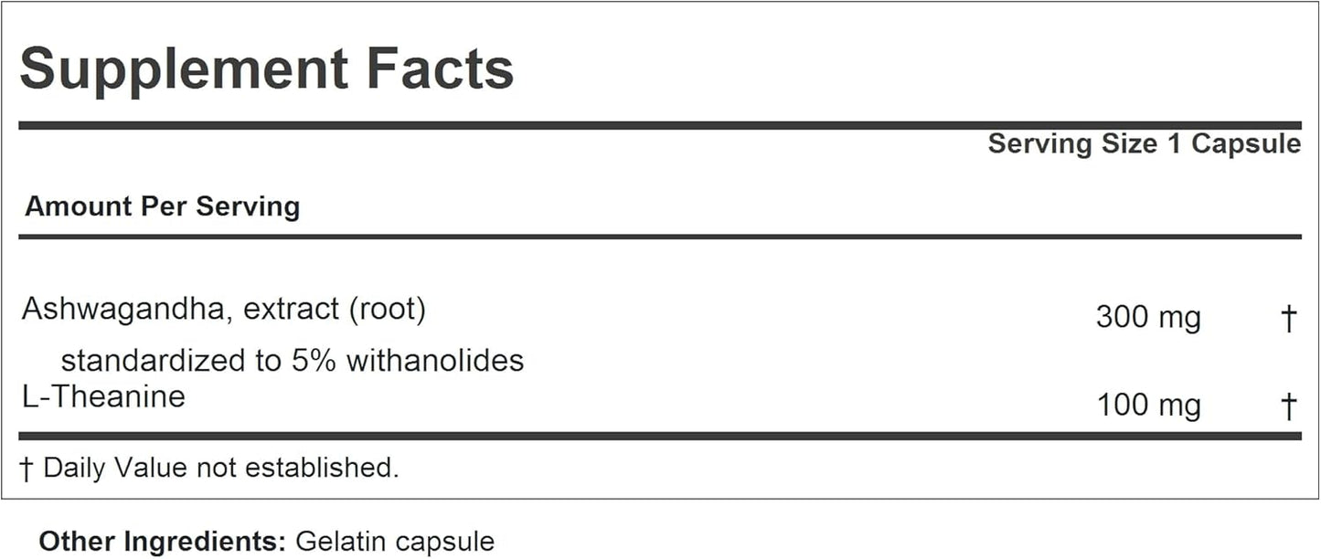 Ashwagandha + Theanine Capsules - 180 Count, Promotes Relaxation, Focus, Balanced Mood. Small, Easy-to-Swallow Dietary Supplement