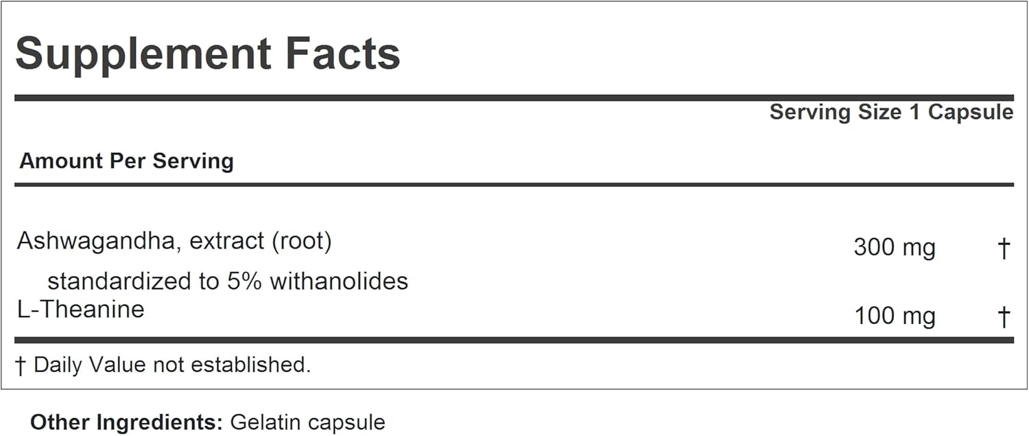 Ashwagandha + Theanine Capsules - 180 Count, Promotes Relaxation, Focus, Balanced Mood. Small, Easy-to-Swallow Dietary Supplement