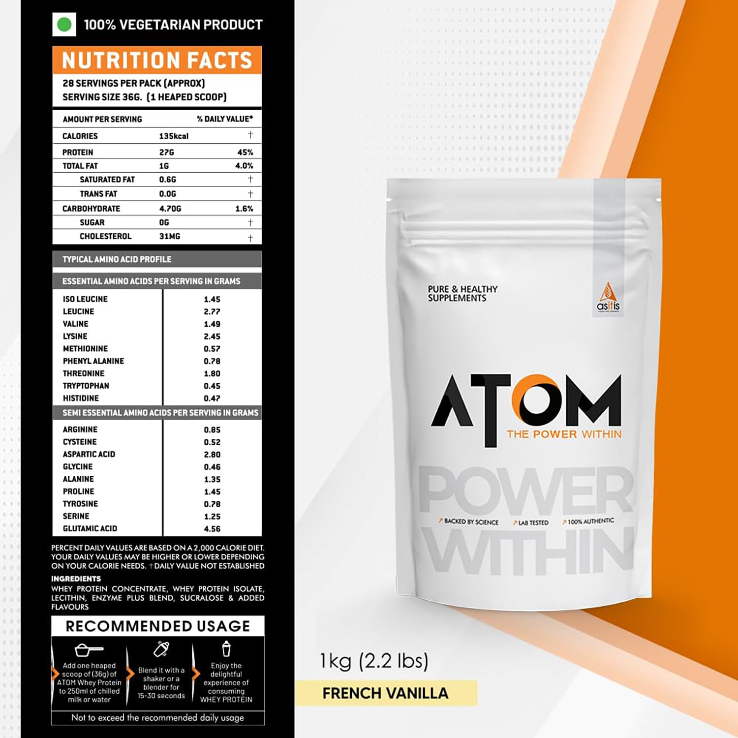Asitis Nutrition AS-IT-is Atom Whey Protein 1kg/35.2 Oz with Digestive Enzymes - French Vanilla Flavor, 27g Protein, 5.7g BCAA - USA Labdoor Certified