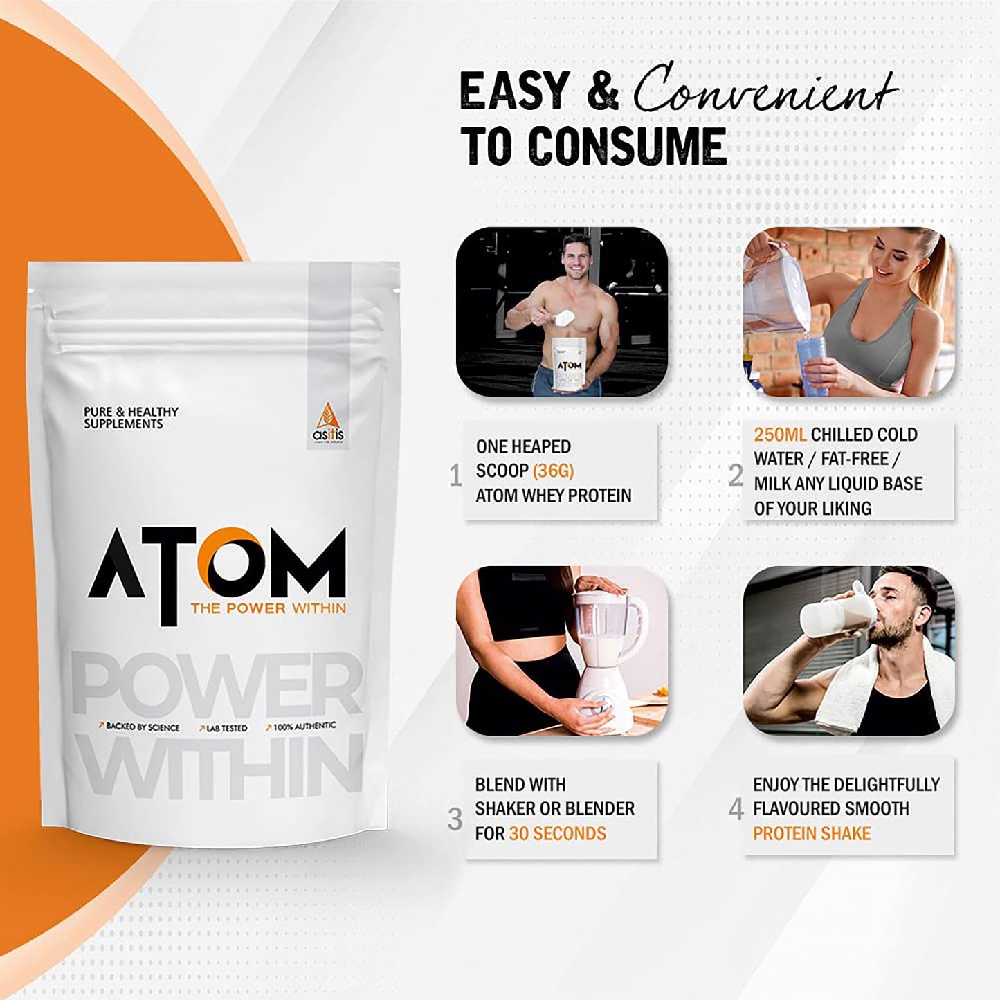 Asitis Nutrition AS-IT-is Atom Whey Protein 1kg/35.2 Oz with Digestive Enzymes - French Vanilla Flavor, 27g Protein, 5.7g BCAA - USA Labdoor Certified