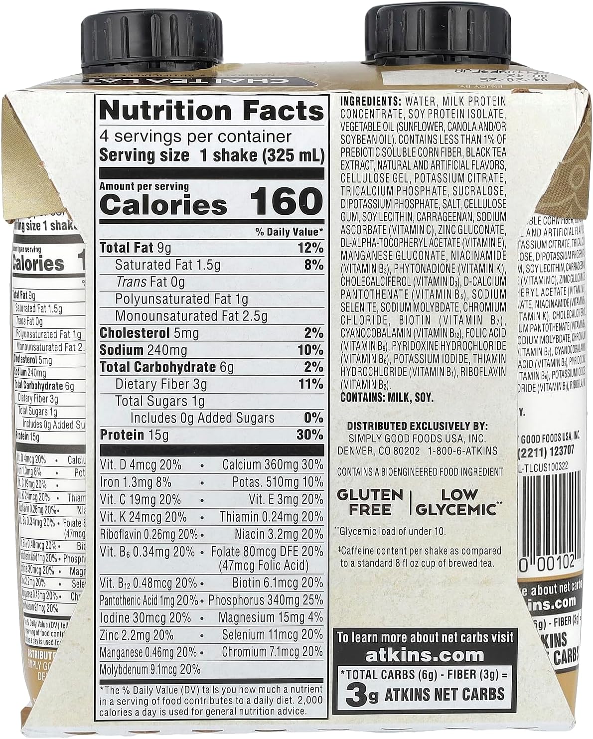 Atkins Iced Chai Tea Latte Protein Shake - Keto & Gluten Free (4 Pack)