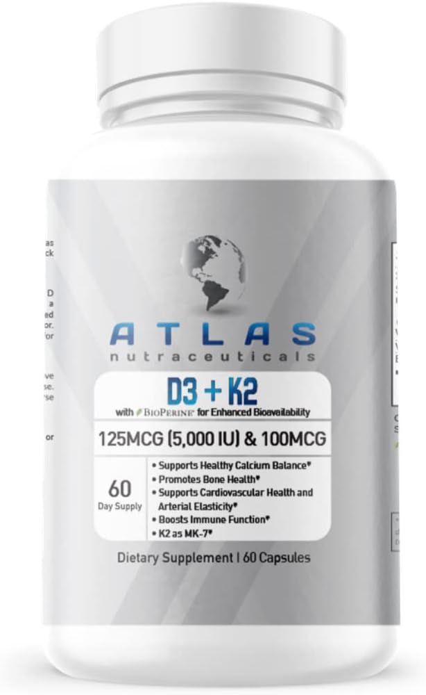 Atlas Nutraceuticals Vitamin D3 + K2 Capsules - 5000IU D3 with MK7 K2, Immune Support Formula