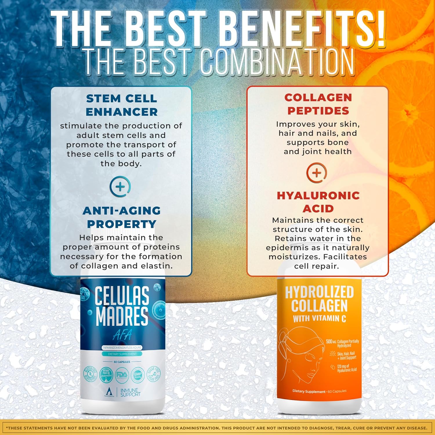 AURA VITAMINS Mega Antioxidant Bundle with Hydrolyzed Collagen, AFA Stem Cell, Vitamin C - Skin, Hair, Nail Support - 60 Capsules