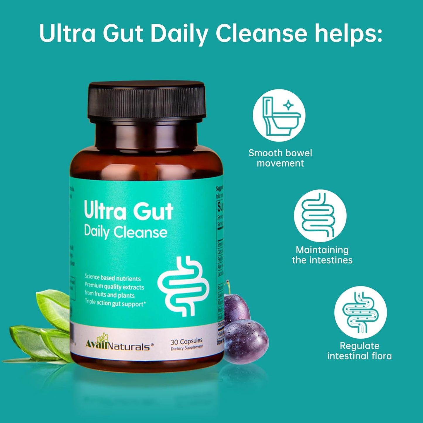 AvailNaturals Ultra Gut Daily Cleanse - Advanced Gut & Colon Support with Senna Leaf Extract, Probiotics, & Dietary Fiber | 30 Capsules
