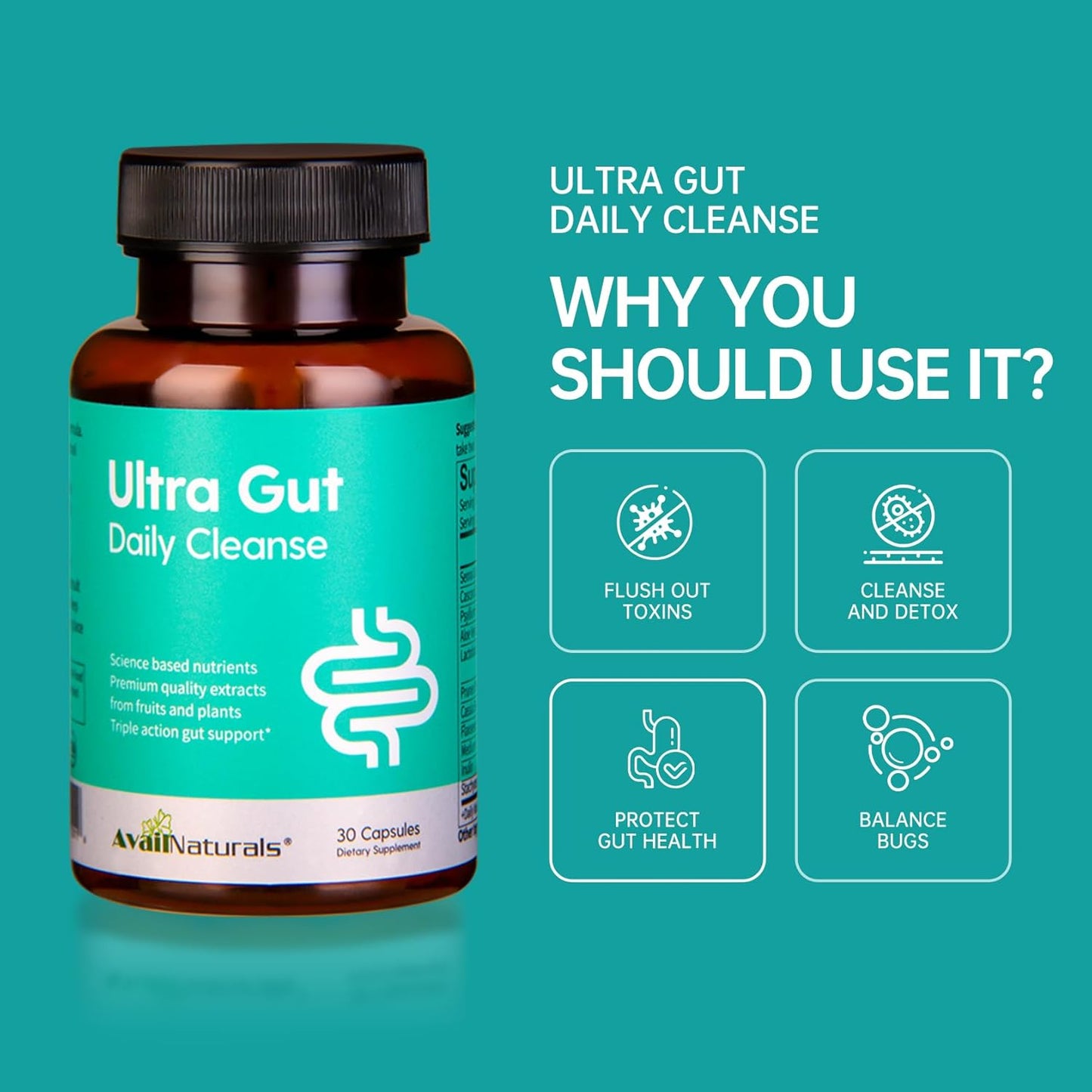 AvailNaturals Ultra Gut Daily Cleanse - Advanced Gut & Colon Support with Senna Leaf Extract, Probiotics, & Dietary Fiber | 30 Capsules