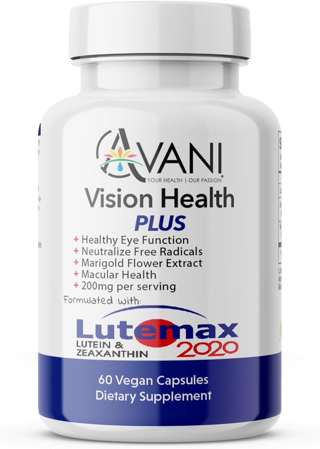 Avani Vision Health Plus with Lutemax 2020 for Eye Health - 20mg Lutein, 4mg Zeaxanthin