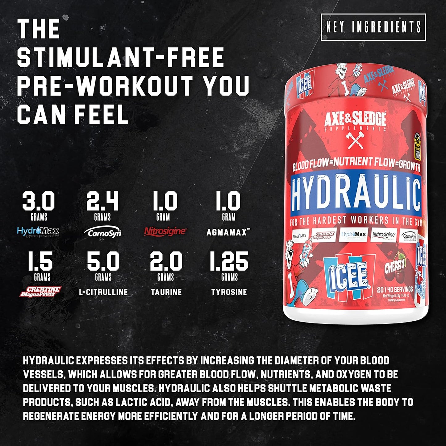 Axe & Sledge Stimulant-Free Pre-Workout Powder, ICEE Blue Raspberry Flavor, 40 Servings