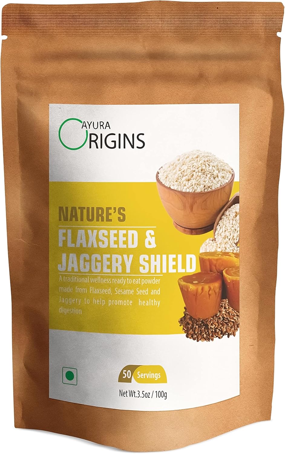 AYURA ORIGINS Flaxseed & Jaggery Supplement for Gas Relief and Gut Health - 50 Servings (3.53 oz)