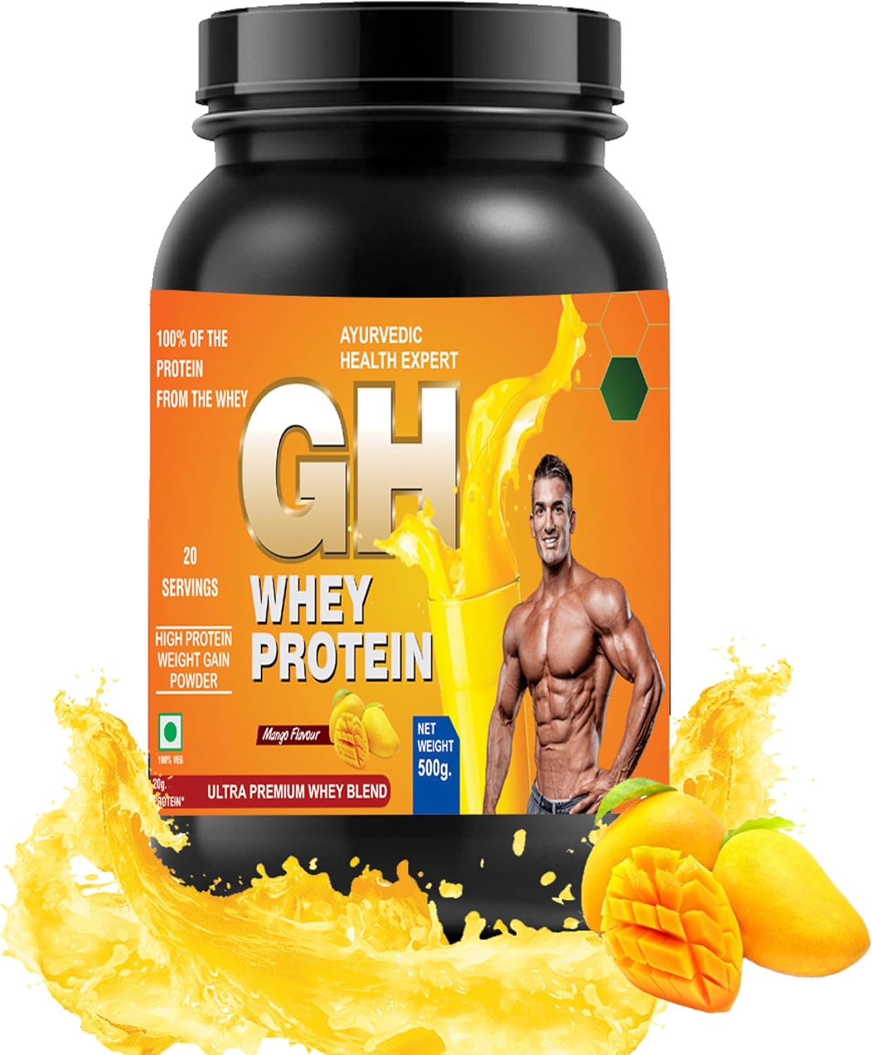 AYURVEDIC GH WHEY Protein for Lean Muscle Growth, Strength, and Recovery - Mango Flavor (1.1lbs)