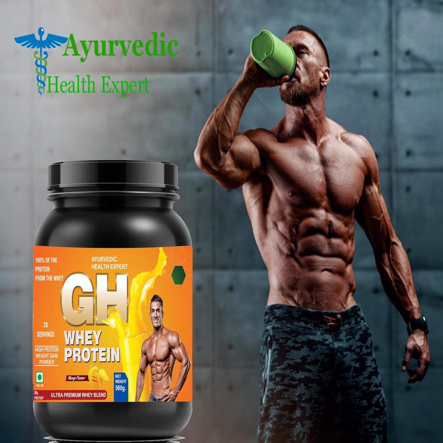 AYURVEDIC GH WHEY Protein for Lean Muscle Growth, Strength, and Recovery - Mango Flavor (1.1lbs)