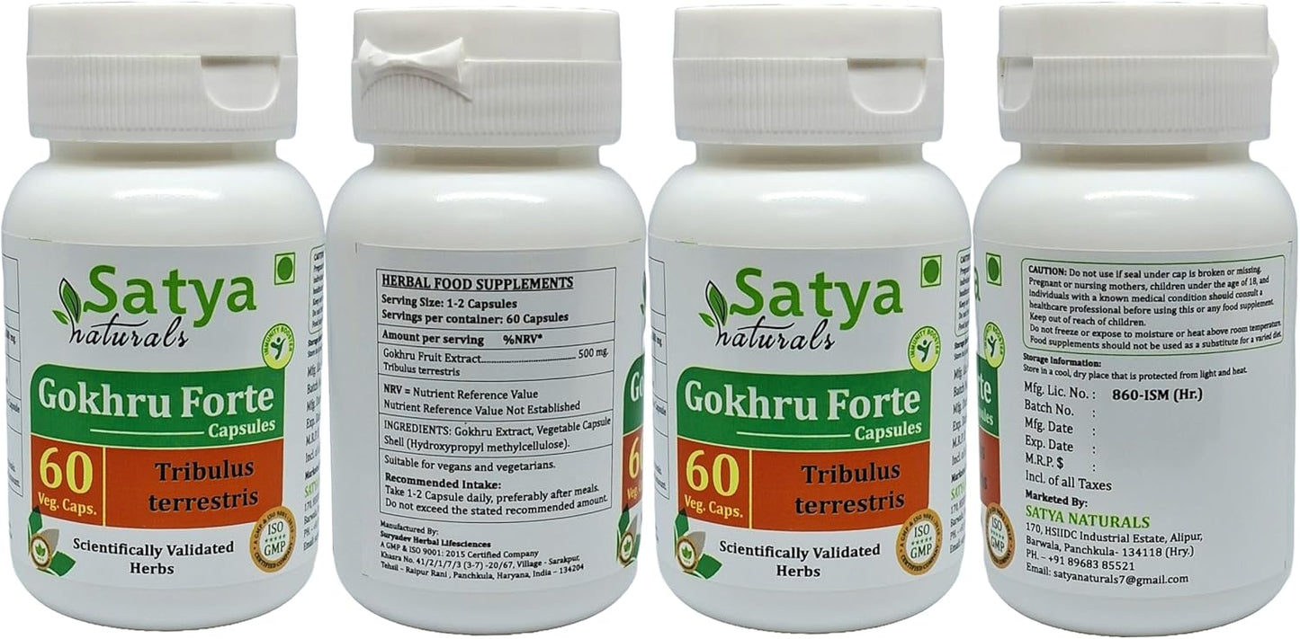 Ayurvedic Gokhru Forte Capsules 500mg - 240 Veg Capsules - Men & Women - Satya Naturals Herbal Supplement