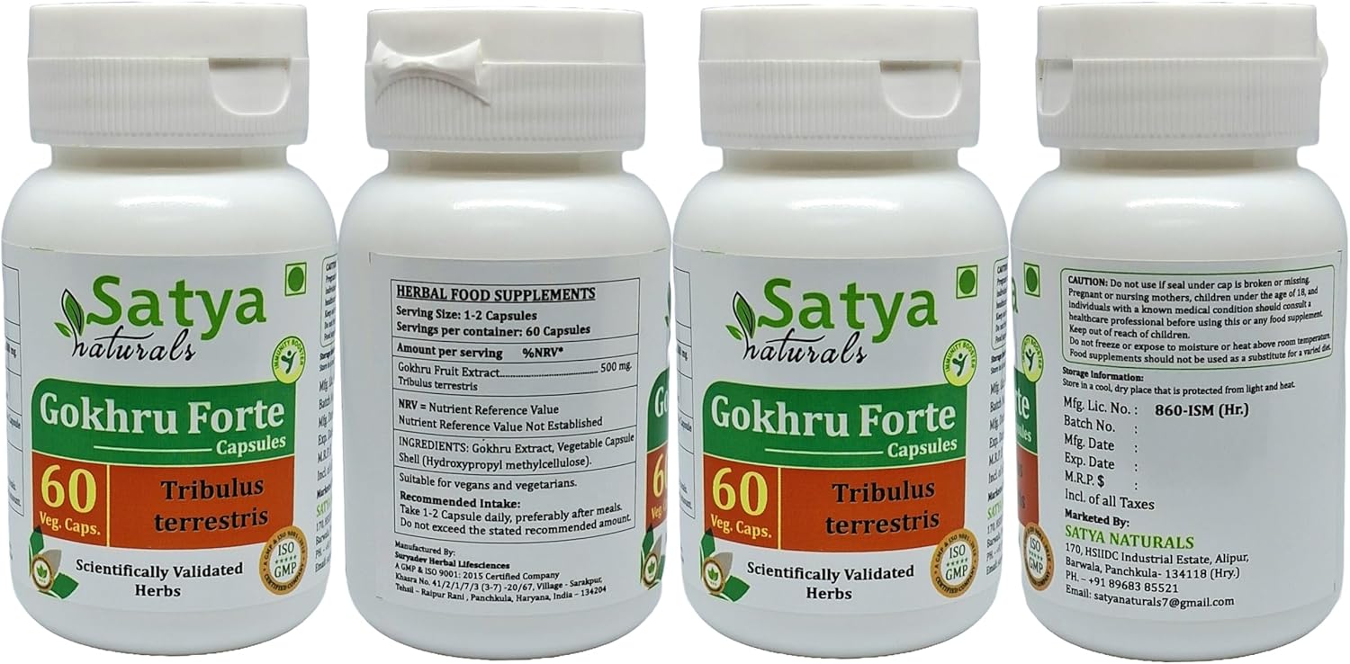 Ayurvedic Gokhru Forte Capsules 500mg - 240 Veg Capsules - Men & Women - Satya Naturals Herbal Supplement