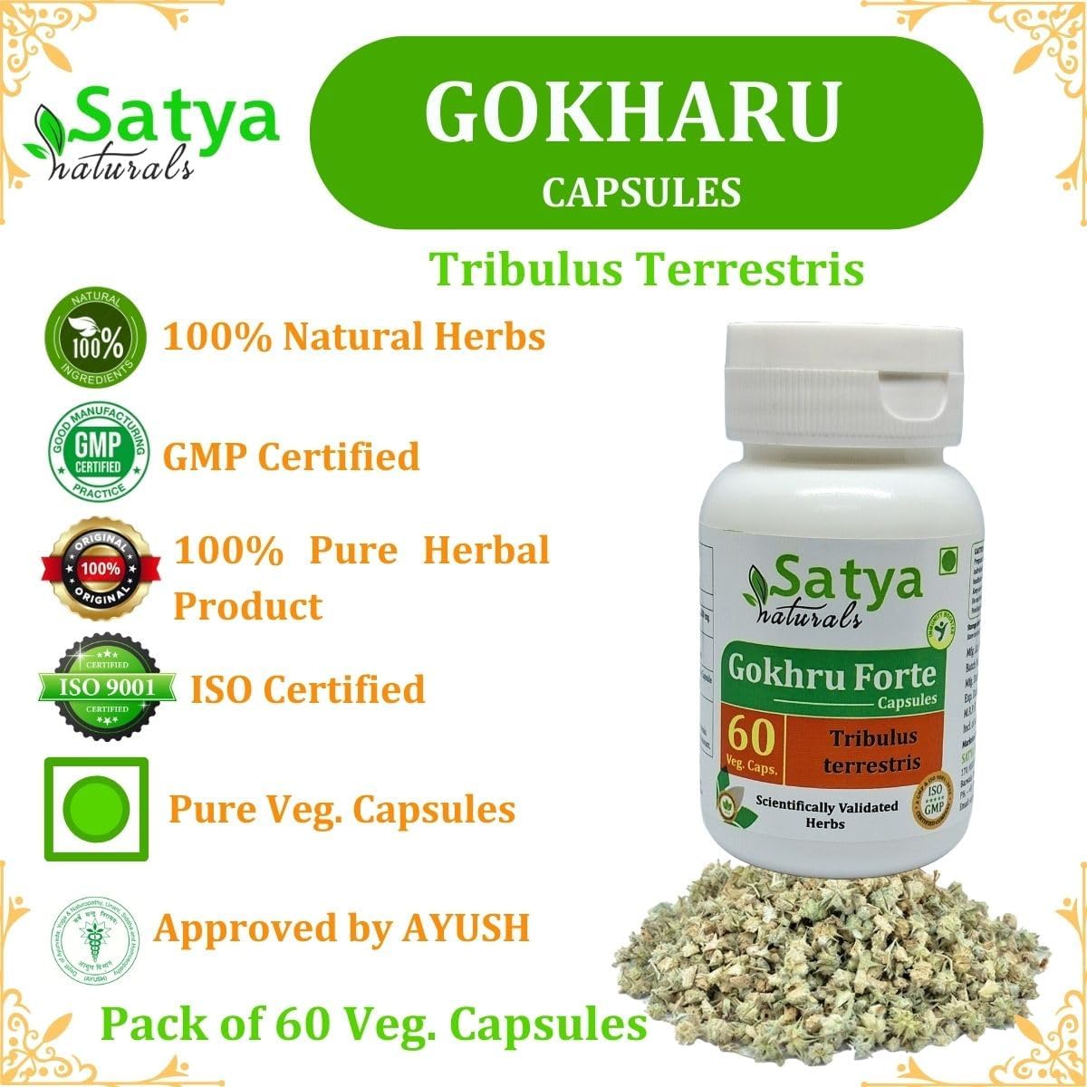 Ayurvedic Gokhru Forte Capsules 500mg - 240 Veg Capsules - Men & Women - Satya Naturals Herbal Supplement