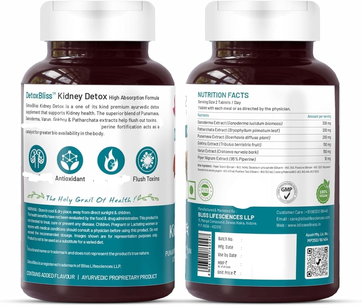 Ayurvedic Kidney Detox Supplement with Punarnava, Patharchatta, Gokhru, and Ganoderma Extracts for Kidney Support - 60 Veg Tablets