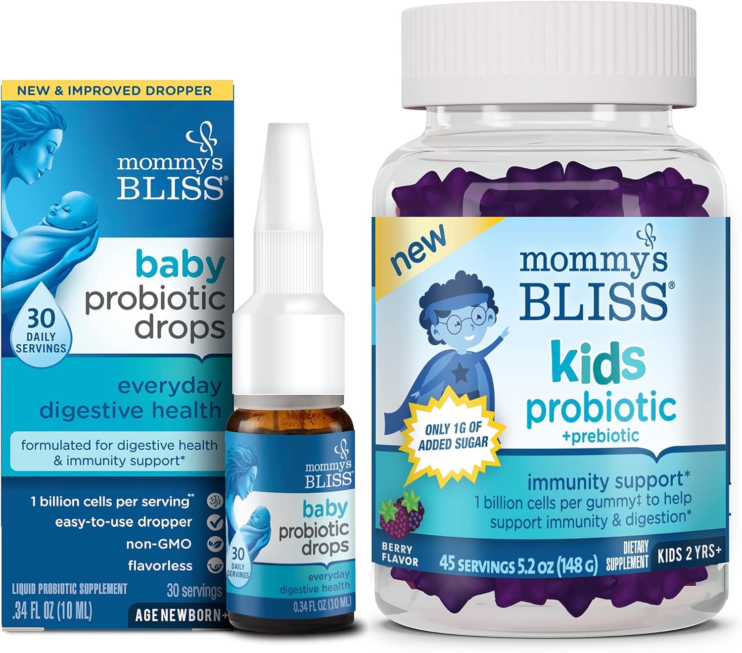 Baby Probiotic Drops & Kids Probiotic Gummies Bundle for Immunity Support - 30 Servings + 45 Servings