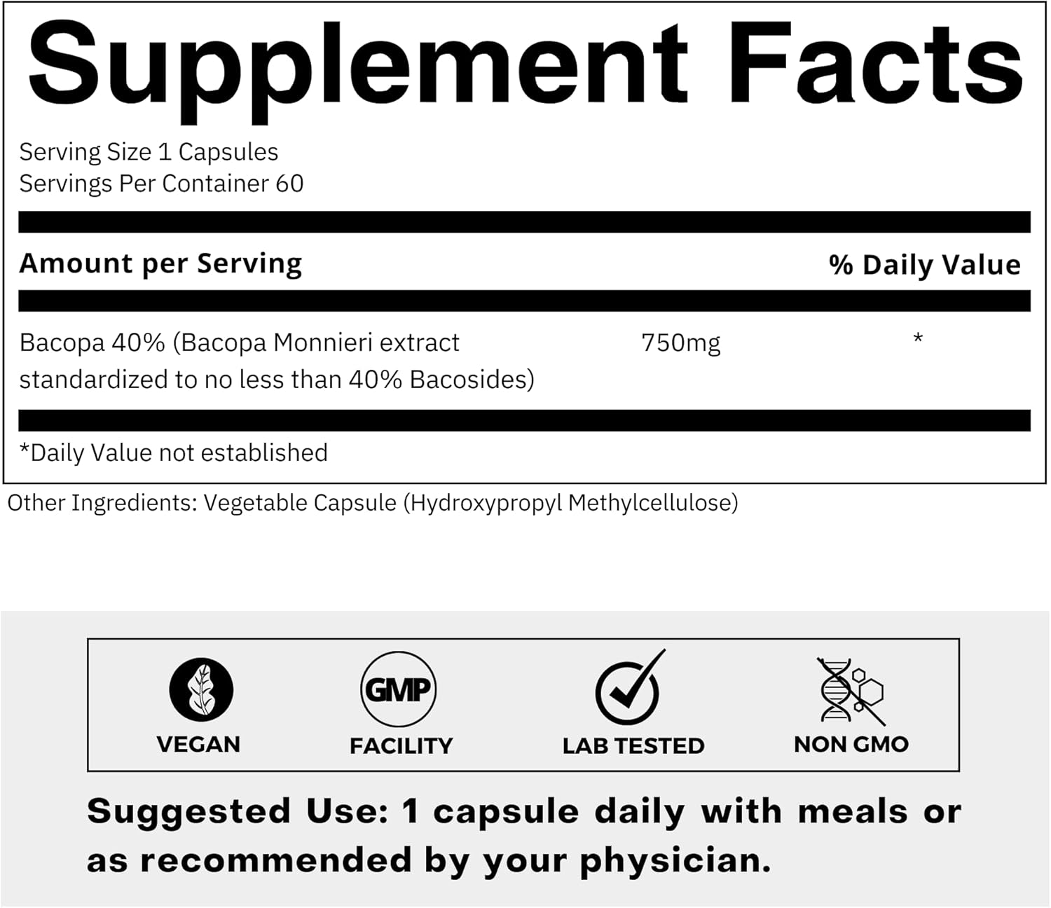 Bacopa Monnieri Capsules 750mg – Herbal Supplement with 40% Bacosides Bacopa Monnieri – 60 Capsules