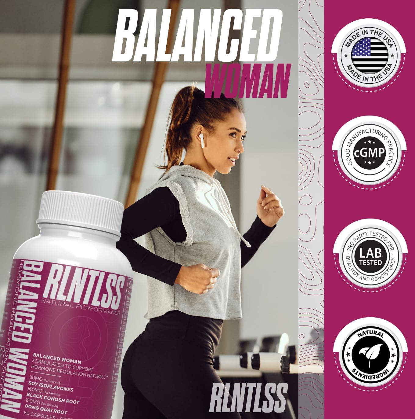 Balanced Woman Hormone Regulation Supplement - 1250mg per Serving - Natural Ingredients - USA Made - 60 Capsules