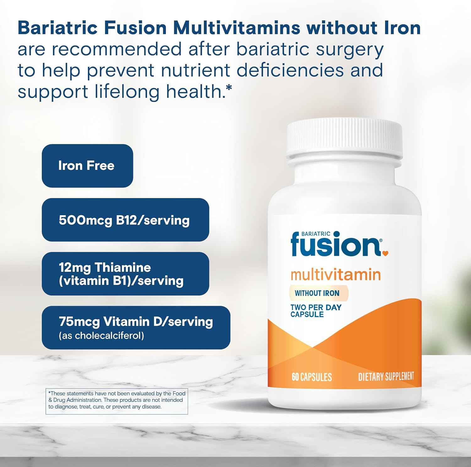 Bariatric Fusion Bariatric Multivitamin Without Iron | Post Bariatric Surgery Patients | Iron Free Bariatric Vitamin for Gastric Bypass and Sleeve Gastrectomy | 60 Capsules | 1 Month Supply