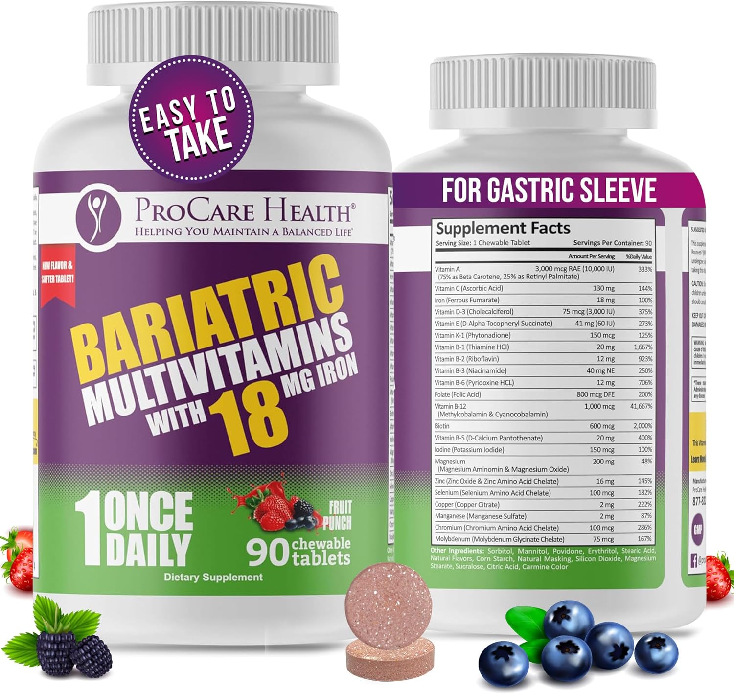 Bariatric Multivitamin Chewable with Iron - Fruit Punch Flavor (90 Tablets) for Gastric Bypass & Sleeve Gastrectomy Patients, 3 Month Supply