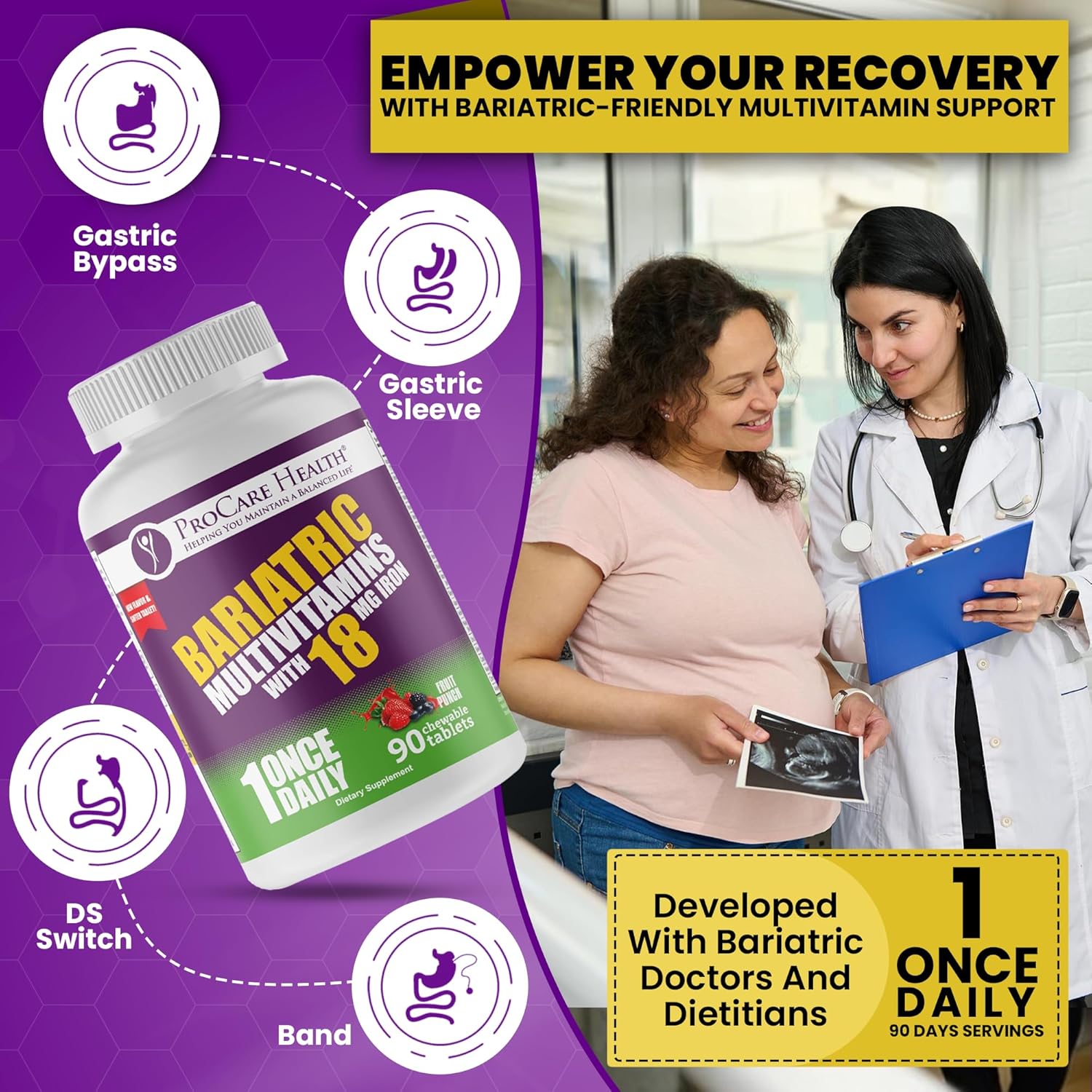 Bariatric Multivitamin Chewable with Iron - Fruit Punch Flavor (90 Tablets) for Gastric Bypass & Sleeve Gastrectomy Patients, 3 Month Supply