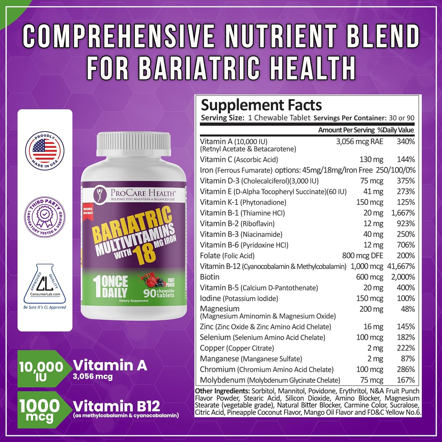 Bariatric Multivitamin Chewable with Iron - Fruit Punch Flavor (90 Tablets) for Gastric Bypass & Sleeve Gastrectomy Patients, 3 Month Supply