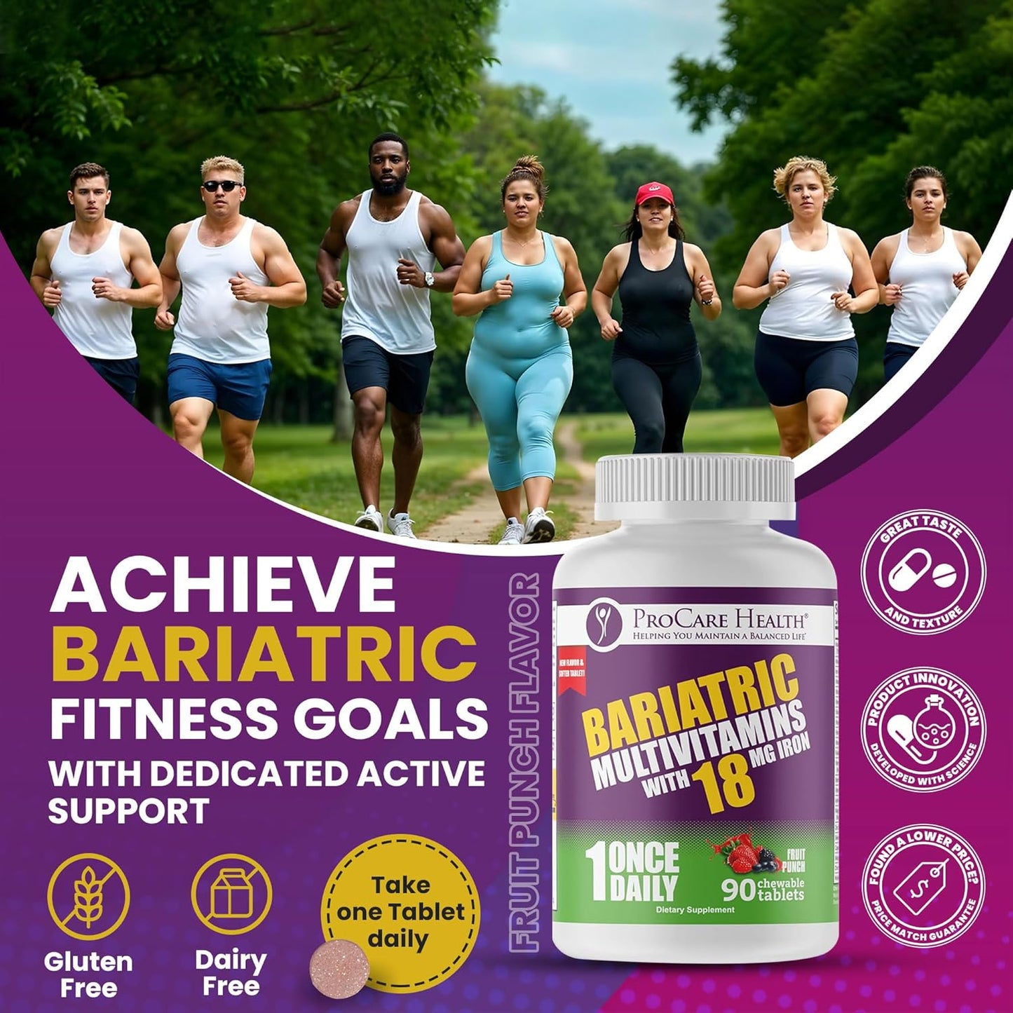 Bariatric Multivitamin Chewable with Iron - Fruit Punch Flavor (90 Tablets) for Gastric Bypass & Sleeve Gastrectomy Patients, 3 Month Supply