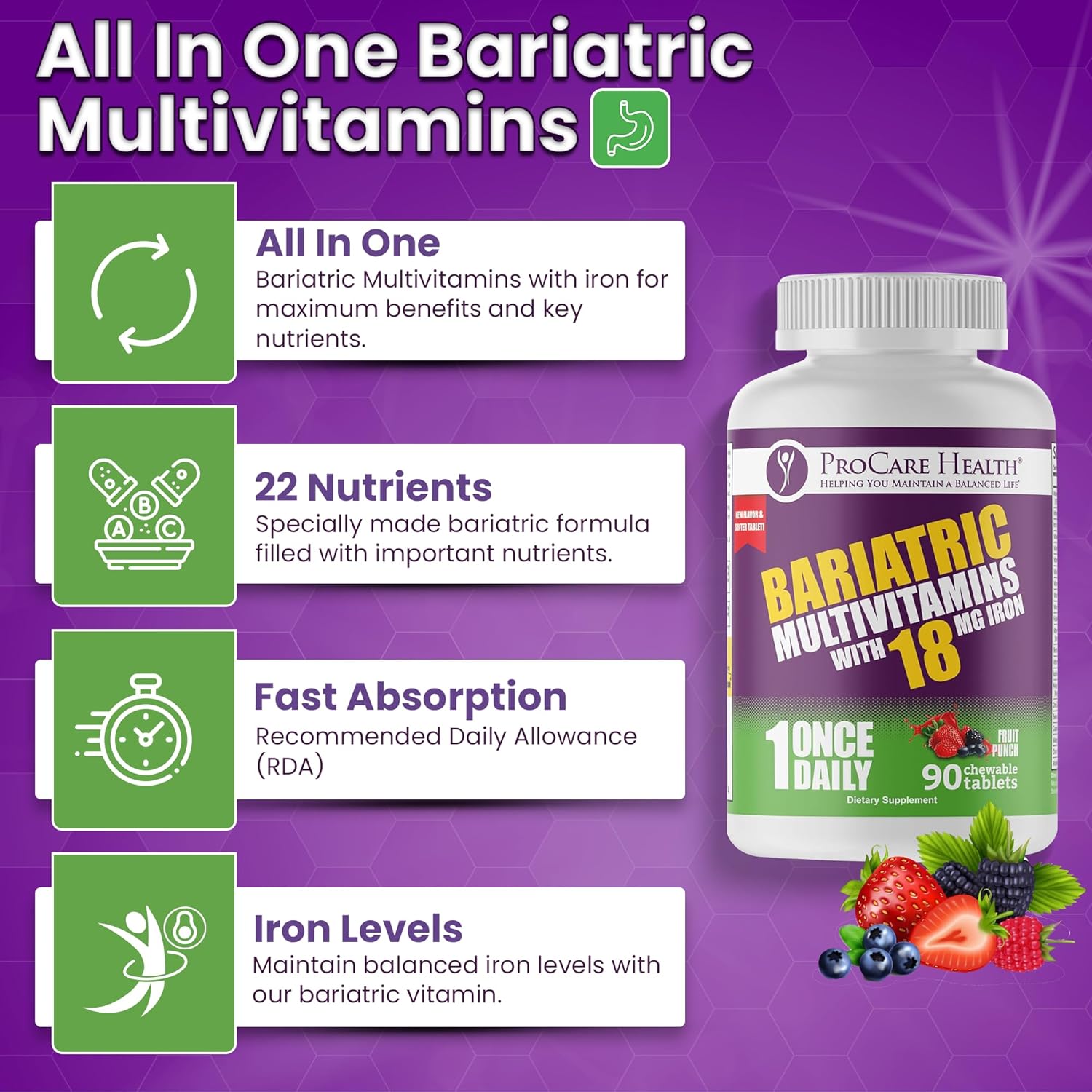 Bariatric Multivitamin Chewable with Iron - Fruit Punch Flavor (90 Tablets) for Gastric Bypass & Sleeve Gastrectomy Patients, 3 Month Supply
