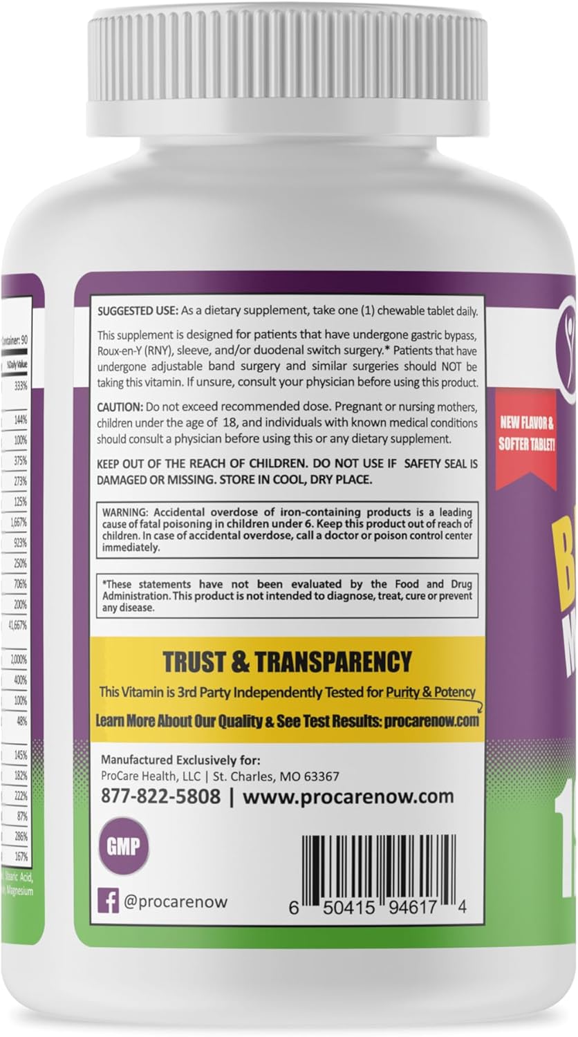 Bariatric Multivitamin Chewable with Iron - Fruit Punch Flavor (90 Tablets) for Gastric Bypass & Sleeve Gastrectomy Patients, 3 Month Supply