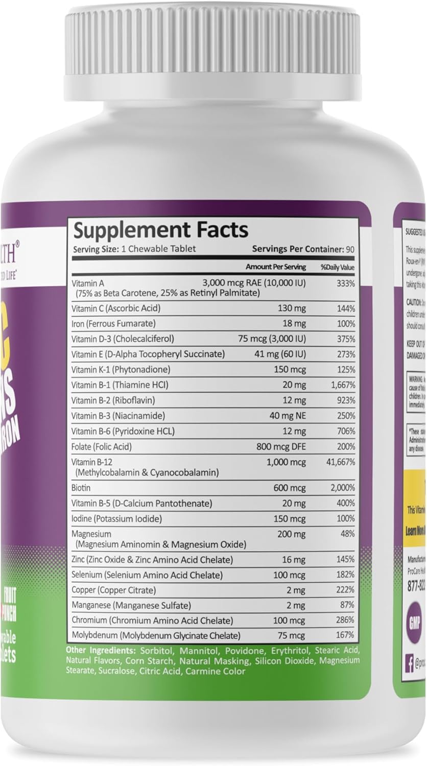 Bariatric Multivitamin Chewable with Iron - Fruit Punch Flavor (90 Tablets) for Gastric Bypass & Sleeve Gastrectomy Patients, 3 Month Supply