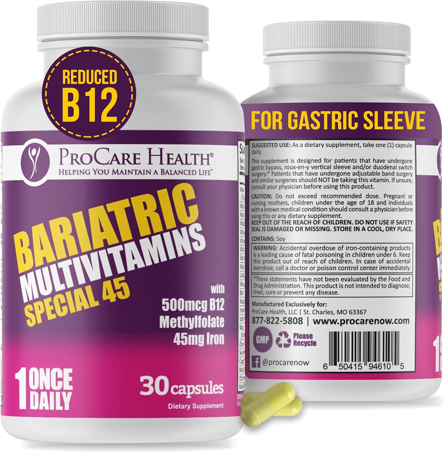 Bariatric Multivitamin with Iron & B12 for Post-Op Recovery - 30 Capsules for Gastric Bypass & Sleeve Patients, Sustains Energy - 1 Month Supply