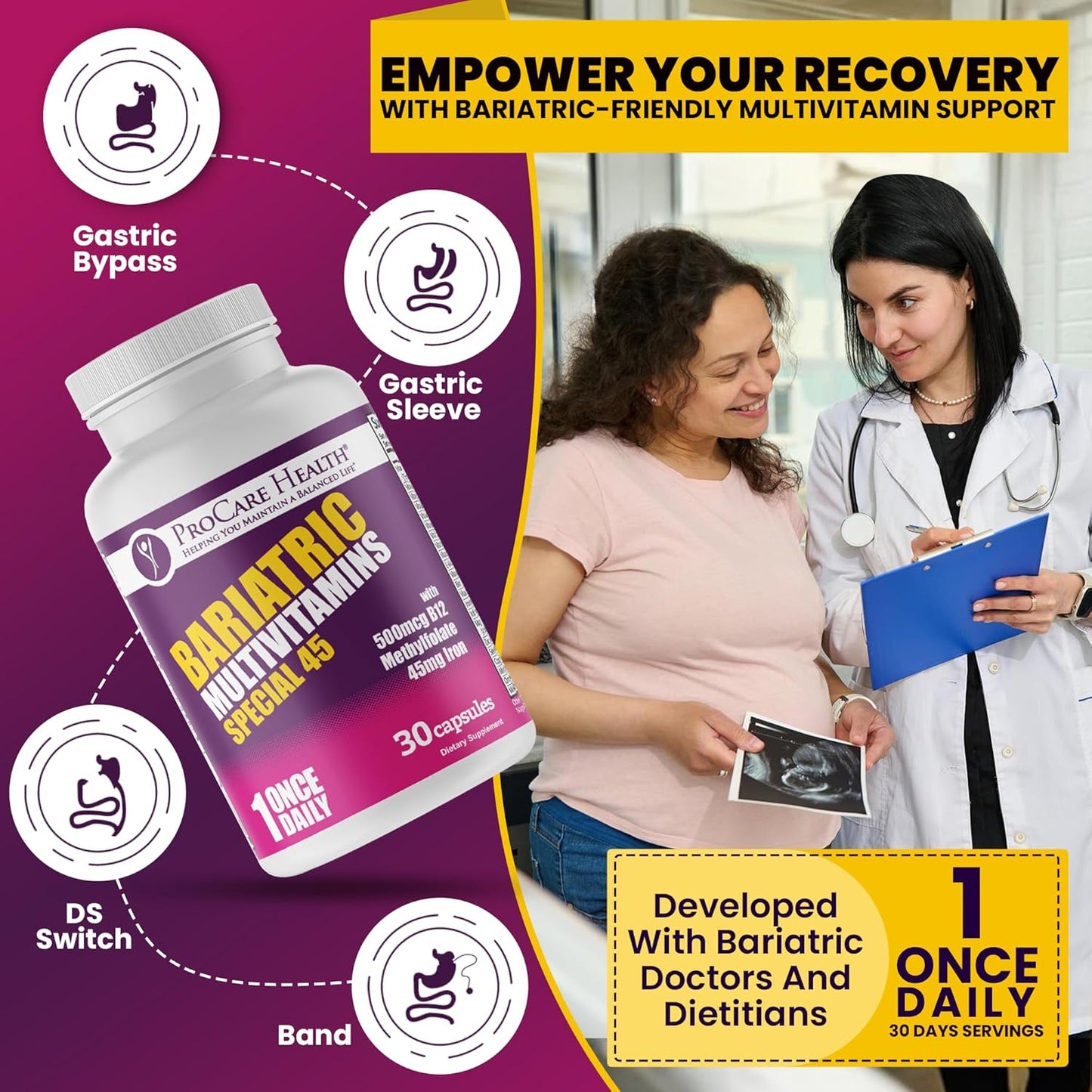 Bariatric Multivitamin with Iron & B12 for Post-Op Recovery - 30 Capsules for Gastric Bypass & Sleeve Patients, Sustains Energy - 1 Month Supply