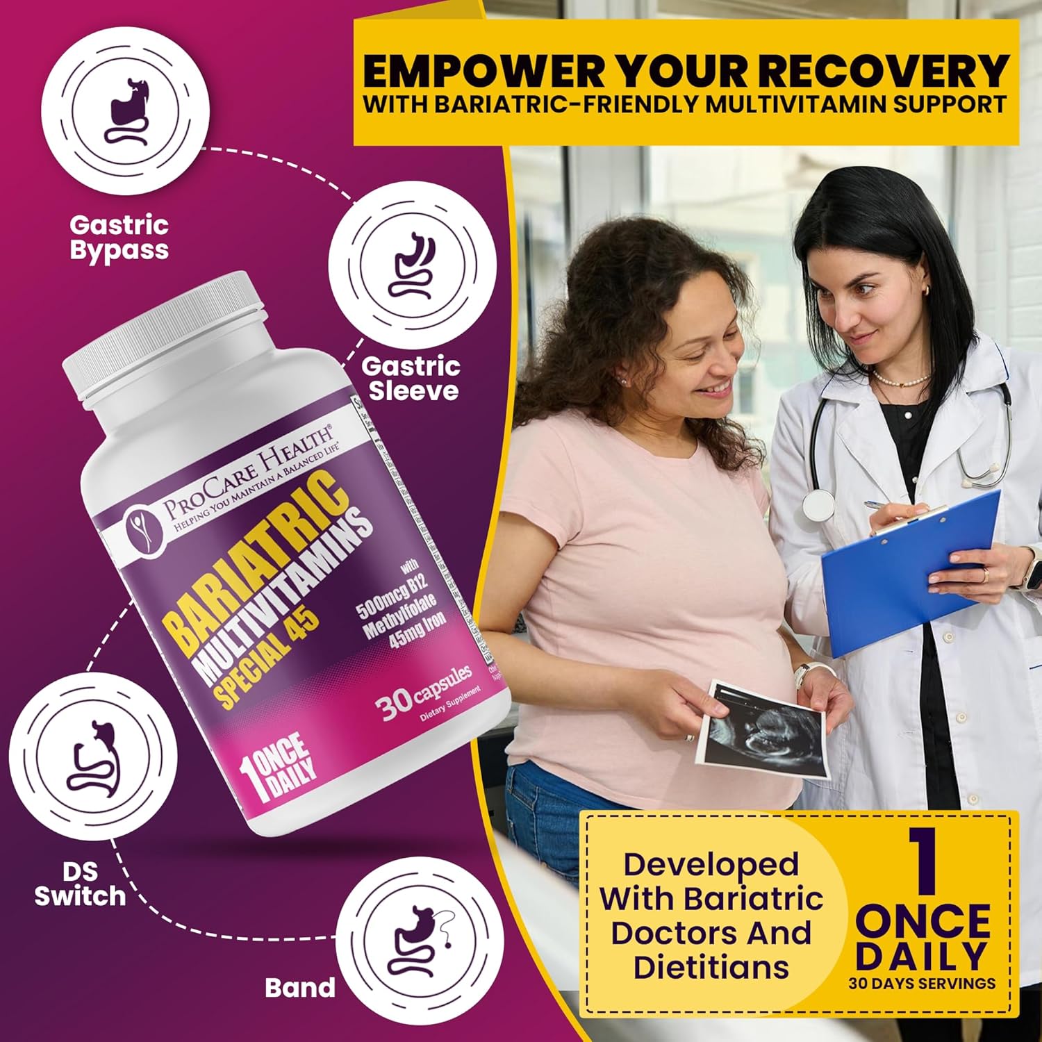 Bariatric Multivitamin with Iron & B12 for Post-Op Recovery - 30 Capsules for Gastric Bypass & Sleeve Patients, Sustains Energy - 1 Month Supply