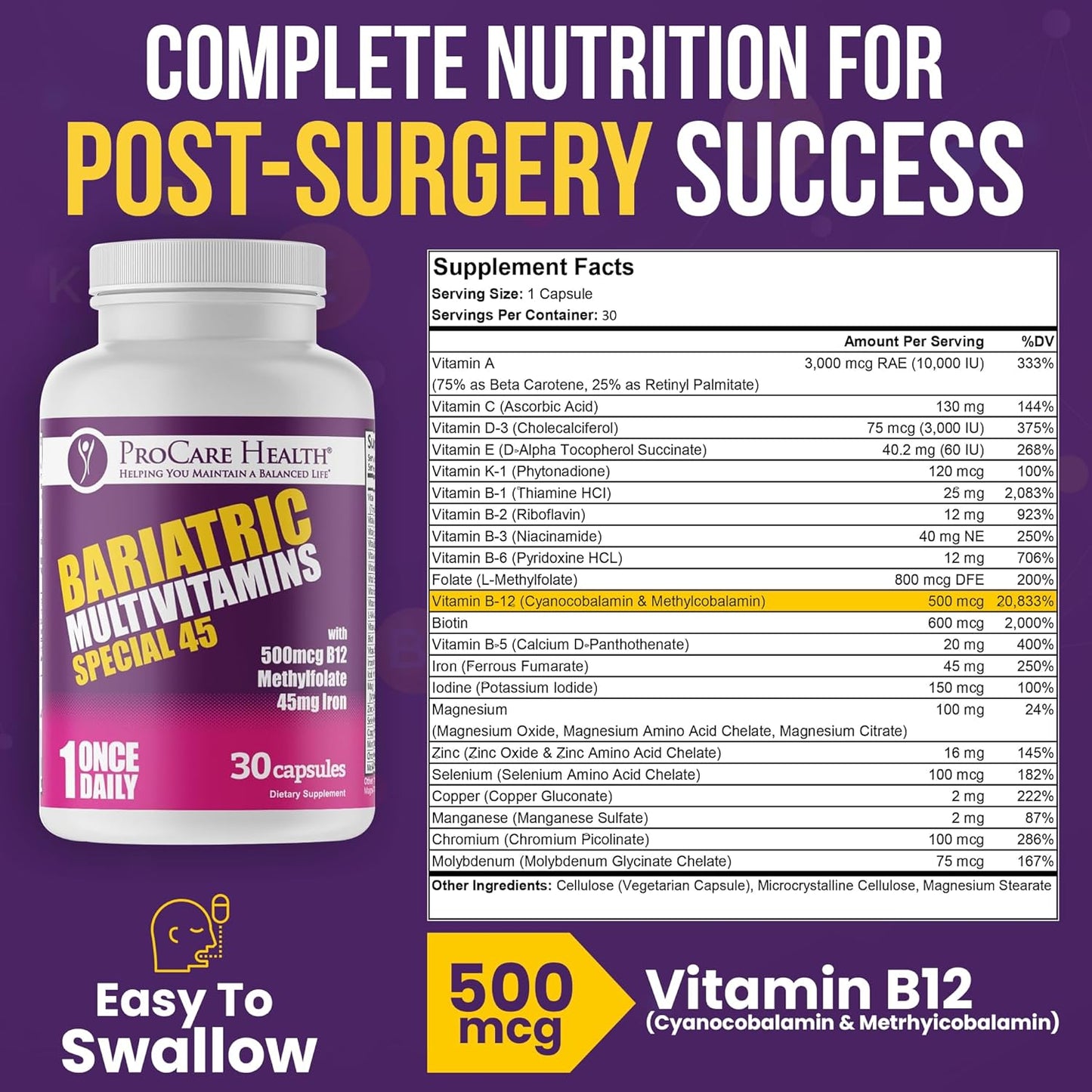 Bariatric Multivitamin with Iron & B12 for Post-Op Recovery - 30 Capsules for Gastric Bypass & Sleeve Patients, Sustains Energy - 1 Month Supply